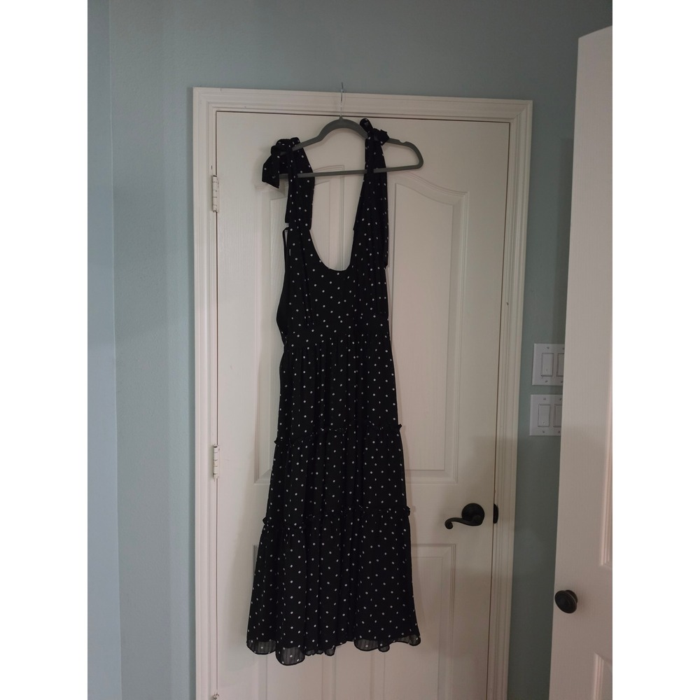 Just Me Black White Polka Dot Tiered Midi Dress Tie Shoulder Sleeveless Small